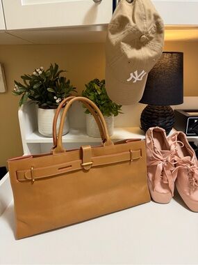 Furla Classic Tan Leather Tote Bag, tan with pink